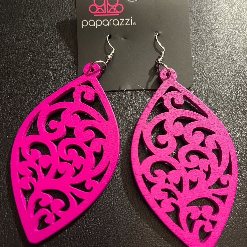 Swirly wooden earrings; 3 pairs, same pink color, looks hot pink / fuschia.
